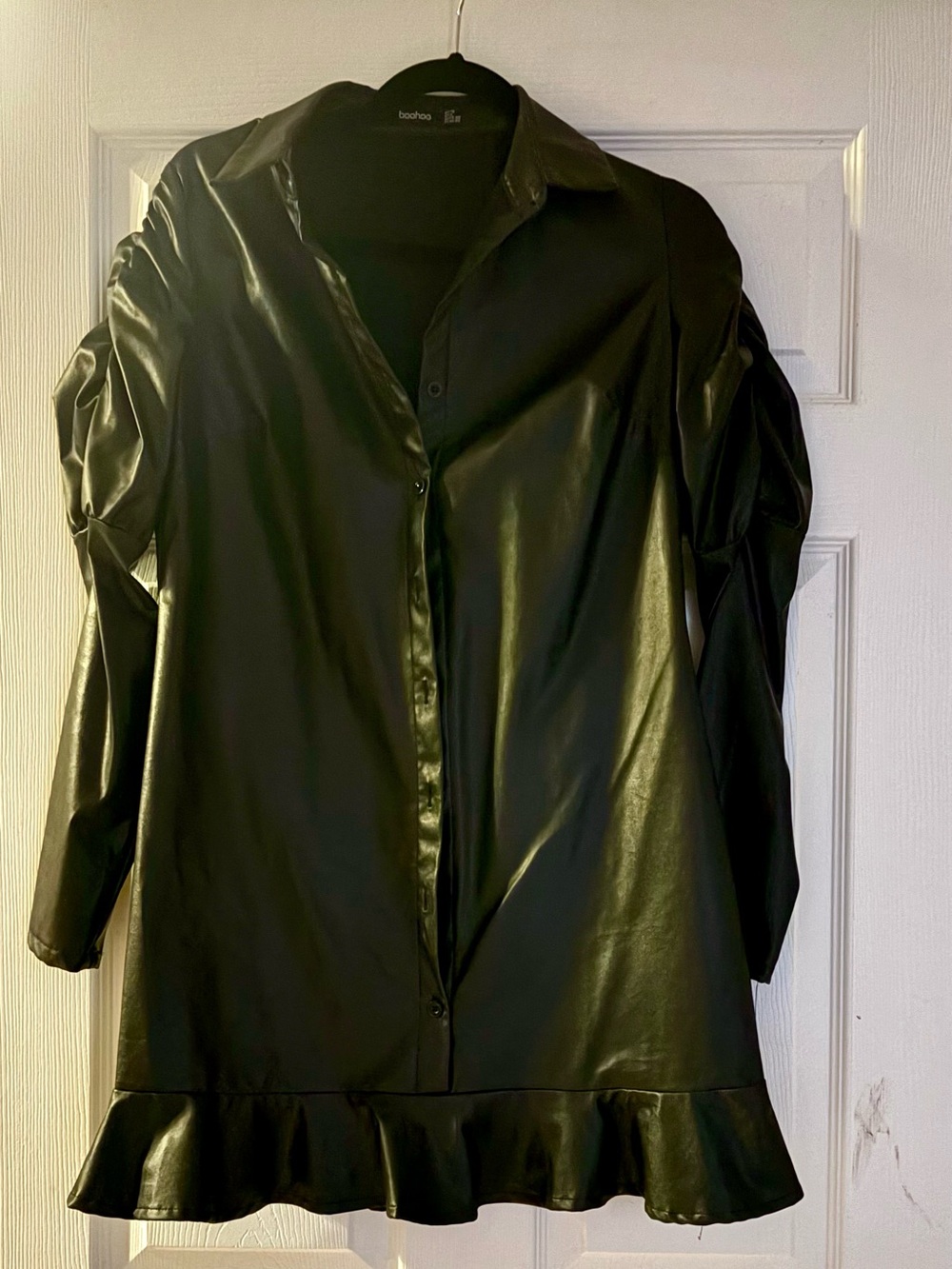Boohoo Black Faux Leather Button-Front Top with Ruffle Hem